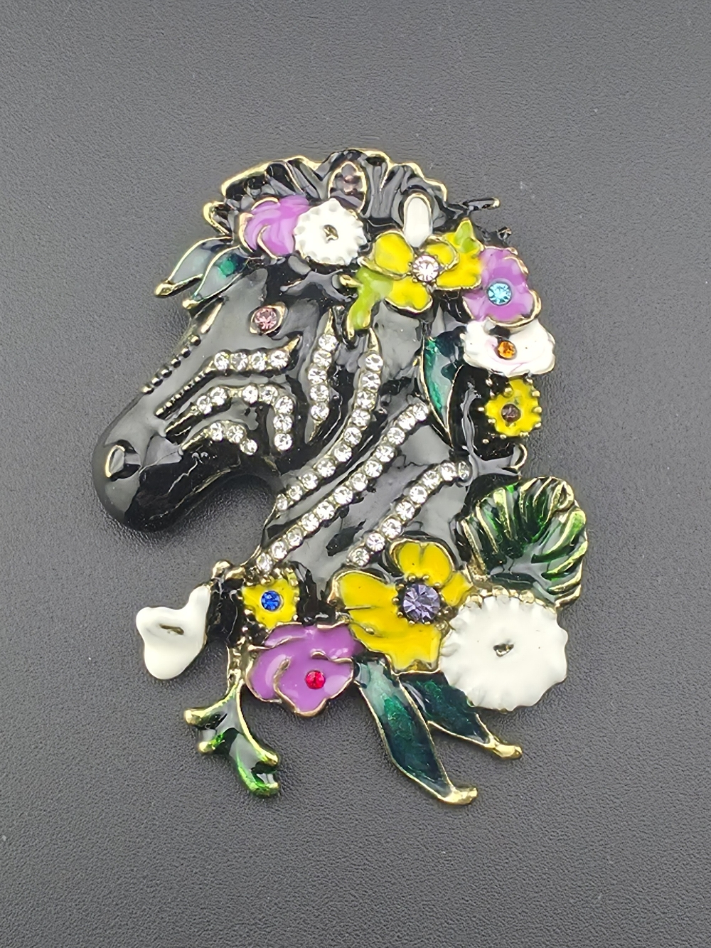 Sweet Floral Rhinestone Enamel Zebra Brooch 2.5"